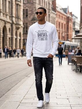 Diesel Men’s S-GIR-B5 Magic Squares Unit Crewneck Terry Sweatshirt White Size XL